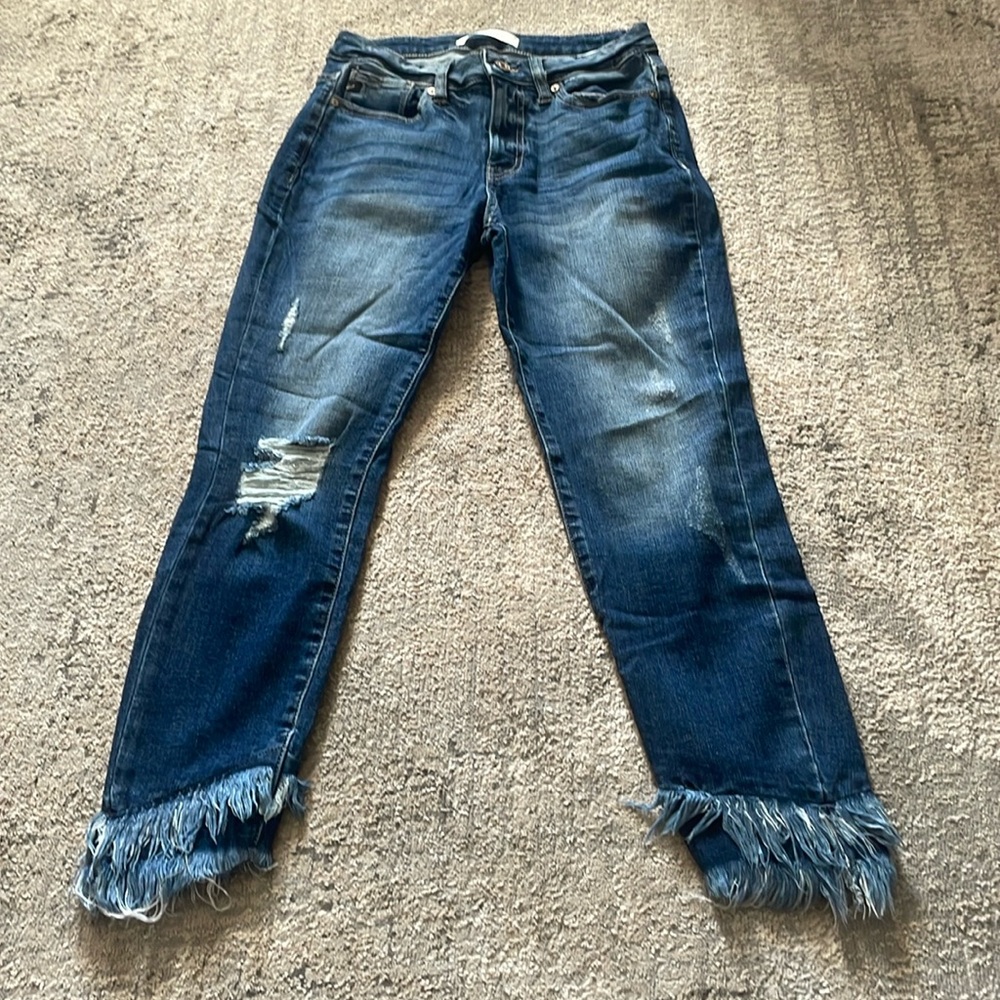 Ladies KanCan high rise angled frayed hem distressed ankle skinny jeans Sz 5/26